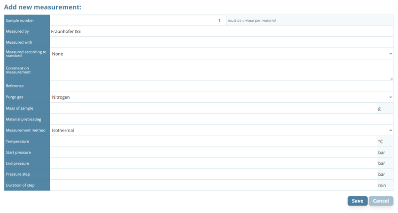 Table for the TGA (TG-DSC) measurement