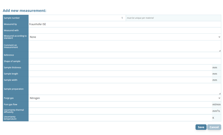 Table for the thermal diffusivity measurement