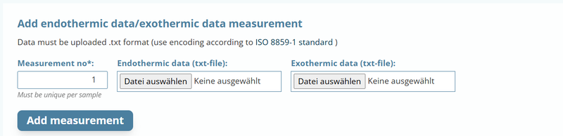 Screenshot of the data set upload for the TGA (TG-DSC) measurement
